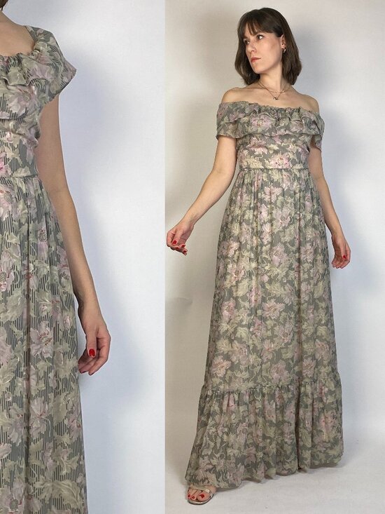 Vintage 1970s DREAMY Striped FLORAL Gown -- Small - Picture 7 of 10